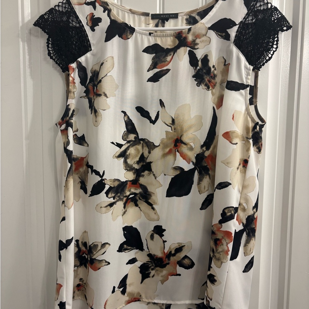 West Kei Cosetta Crochet Sleeve Black and Cream Floral Blouse